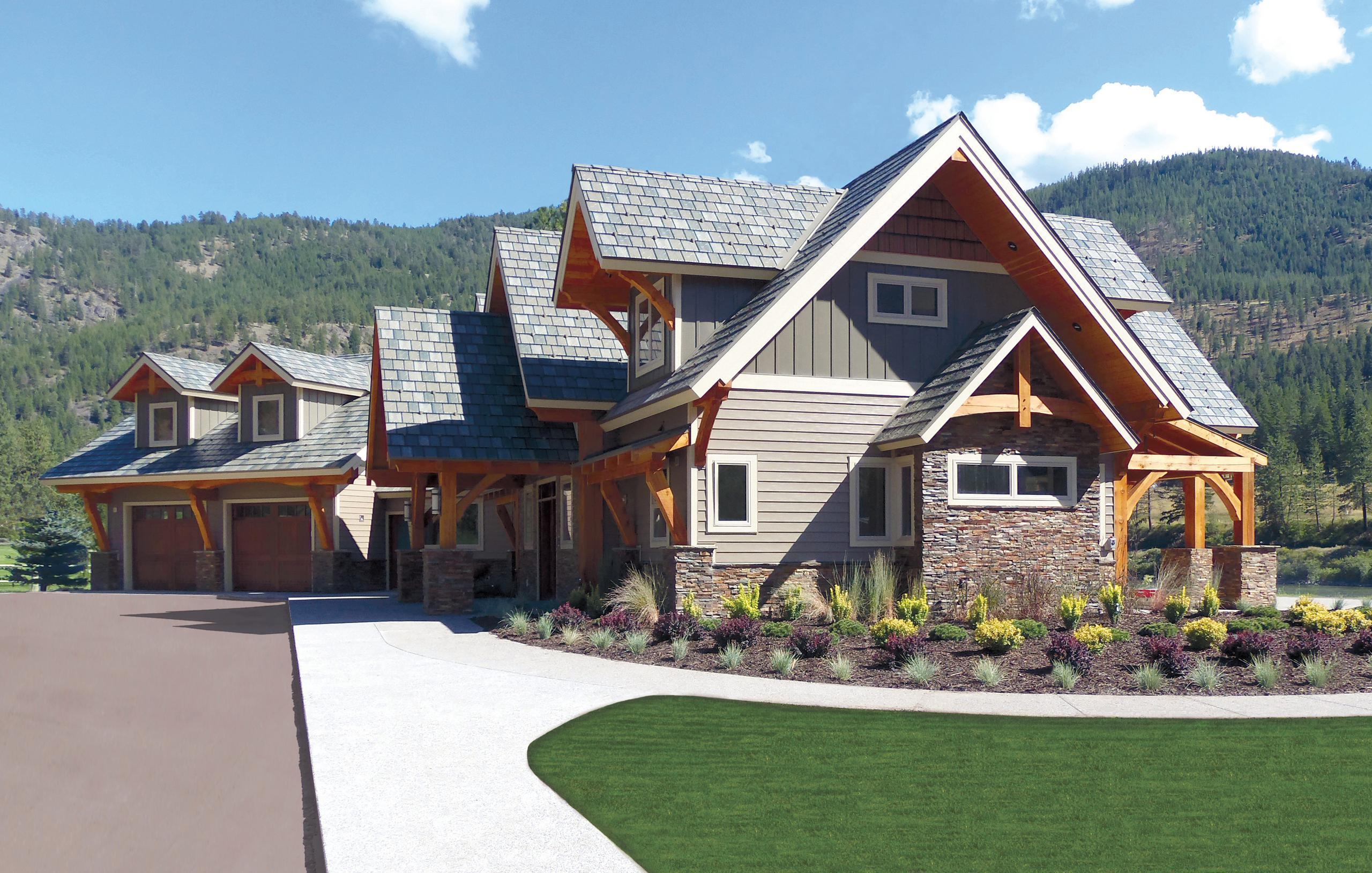 A mountain home showcasing ArrowLine Slate steel roofing in T-Tone Blend, with neutral siding and wood accents for rustic charm.