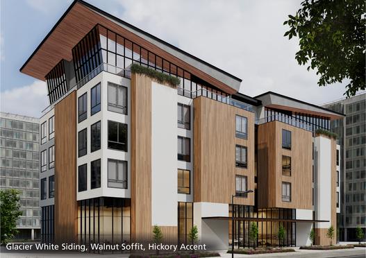 Glacier White Siding, Walnut Soffit, Hickory Accent